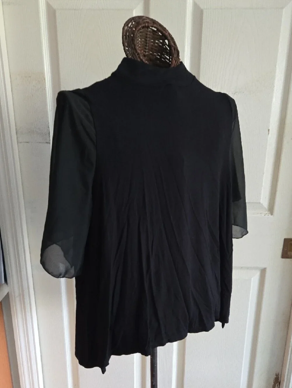 Kim & Cami Black Mock Neck Short Sleeve Top with Sheer Sleeves-Size L